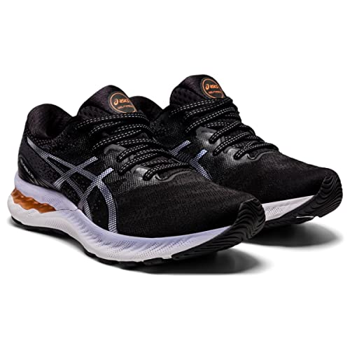 The ASICS Gel Nimbus 23 - Womens running shoes feature a black mesh upper, white midsoles, orange accents, and visible ASICS logos on the sides and tongue, delivering superior shock absorption. Displayed on a white background.