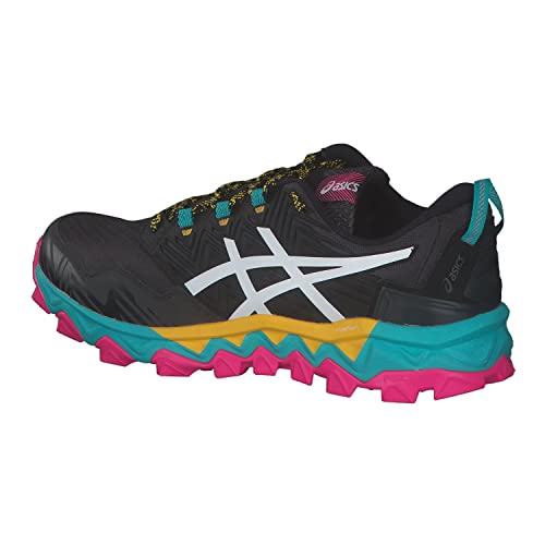 The ASICS GEL-FujiTrabuco 8 - Womens is a black trail running shoe with a white logo, yellow laces, and a chunky sole featuring teal, pink, and yellow accents. The shoe is shown angled to display the side and back.