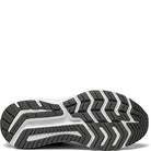 The image shows the black and white rubber outsole of the Saucony Omni 20 Running Shoe - Womens, featuring a distinctive tread pattern for traction, stability, and flexibility. The Saucony brand name appears faintly in the center.
