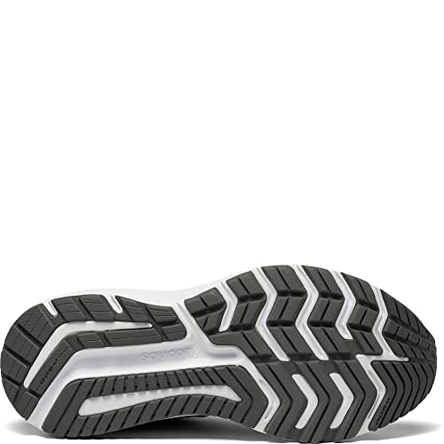 The image shows the black and white rubber outsole of the Saucony Omni 20 Running Shoe - Womens, featuring a distinctive tread pattern for traction, stability, and flexibility. The Saucony brand name appears faintly in the center.