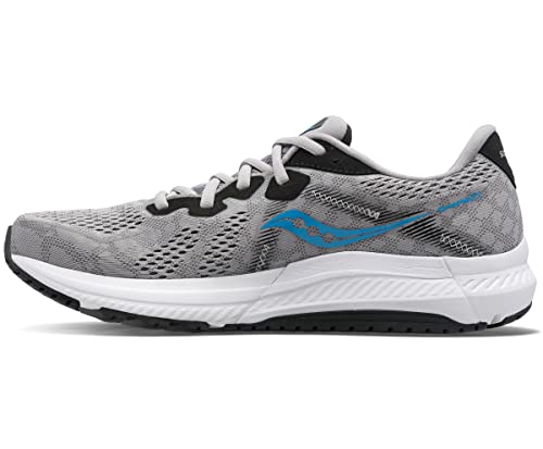 The Saucony Omni 20 Running Shoe - Mens features a gray mesh upper with black accents, a blue wavy side design, white sole, lace-up closure, and PWRRUN cushioning for extra comfort in this stability running shoe.