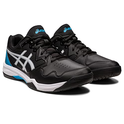 The ASICS Gel Dedicate 7 - Mens tennis shoes feature a black upper, white soles, silver side stripes, and blue accents on the heel and logo, designed for stability on the court.