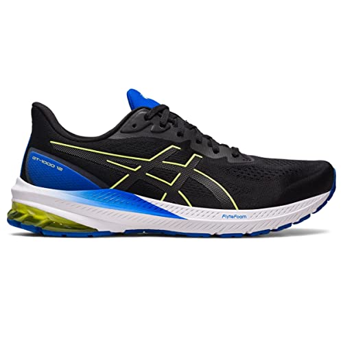 The ASICS GT-1000 12 - Mens is a black running shoe with blue and yellow accents, FlyteFoam cushioning, a yellow-green heel section, and the ASICS logo. Designed for overpronators, it offers support and comfort for your runs.