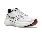 The Saucony Endorphin Speed 3 Running Shoe - Womens features a white mesh upper with black and red accents, a thick cushioned sole for daily training, and a bold wavy black logo on the side. The shoe is shown angled to display both its side and front.