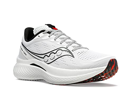 The Saucony Endorphin Speed 3 Running Shoe - Womens features a white mesh upper with black and red accents, a thick cushioned sole for daily training, and a bold wavy black logo on the side. The shoe is shown angled to display both its side and front.