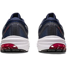 Rear view of the ASICS GT-1000 11 - Mens in navy blue, with FLYTEFOAM cushioning, white soles, and red heel accents, shown against a plain white background.