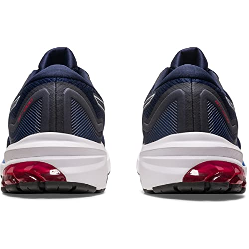 Rear view of the ASICS GT-1000 11 - Mens in navy blue, with FLYTEFOAM cushioning, white soles, and red heel accents, shown against a plain white background.