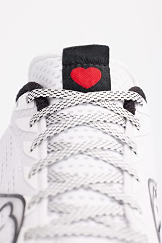 Close-up of the Saucony Endorphin Speed 3 Running Shoe - Womens, featuring white and gray laces with a small red heart on a black tongue tag—ideal for daily training.