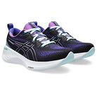 A pair of ASICS Gel-Cumulus 25 Womens running shoes in black and purple with light blue and white soles, matching laces, and a white side logo. These neutral trainers are angled slightly left.