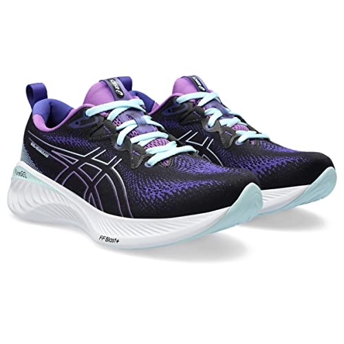 A pair of ASICS Gel-Cumulus 25 Womens running shoes in black and purple with light blue and white soles, matching laces, and a white side logo. These neutral trainers are angled slightly left.