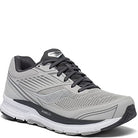 The Saucony Echelon 8 Running Shoe - Womens features a gray mesh upper with black accents and laces, a white midsole, black outsole, breathable material, PWRRUN cushioning for comfort, and a Saucony logo on the side.