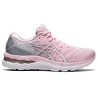 The ASICS Gel Nimbus 23 - Womens features a pink and gray mesh upper, white sole, lace-up design, side ASICS logo, and advanced shock absorption for comfort.