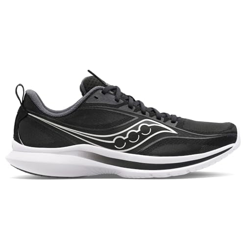 The Saucony Kinvara 13 Running Shoe for men is black with white accents, features a thick white sole, and displays a white wave-like design on the side, shown from the left.