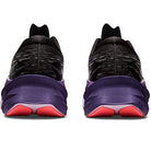 Rear view of the ASICS Novoblast 3 - Womens running shoe, featuring a jacquard mesh upper, purple midsoles, and pink outsoles, displayed side by side on a white background.