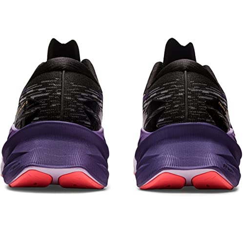 Rear view of the ASICS Novoblast 3 - Womens running shoe, featuring a jacquard mesh upper, purple midsoles, and pink outsoles, displayed side by side on a white background.