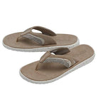 Hey Dude Flinn Sandals - Mens in casual beige, featuring mesh-accented straps and textured white rubber soles for lightweight comfort, are shown against a plain white background.