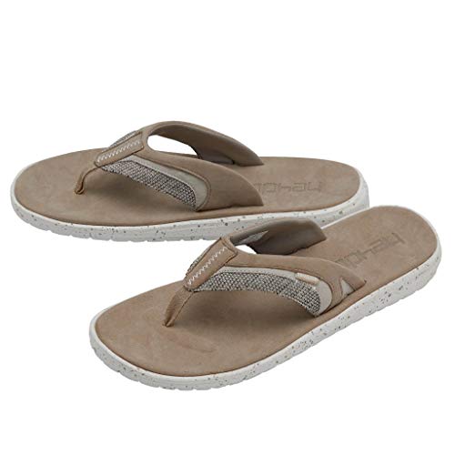 Hey Dude Flinn Sandals - Mens in casual beige, featuring mesh-accented straps and textured white rubber soles for lightweight comfort, are shown against a plain white background.