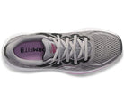 Top view of the Saucony Omni 20 Running Shoe - Womens in gray, featuring white laces, mesh for breathability, a black and pink logo on the tongue, and printed ORM FIT and number 8 inside. Designed for stability and support.