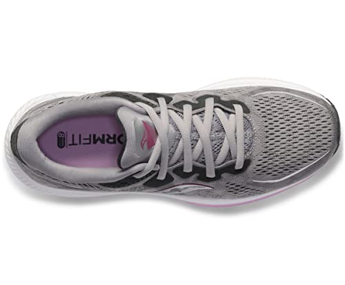 Top view of the Saucony Omni 20 Running Shoe - Womens in gray, featuring white laces, mesh for breathability, a black and pink logo on the tongue, and printed ORM FIT and number 8 inside. Designed for stability and support.