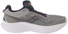 The Saucony Kinvara 14 Running Shoe - Womens features a gray mesh upper, white sole, black laces, PWRRUN foam cushioning, and subtle orange and blue accents on the side and heel.