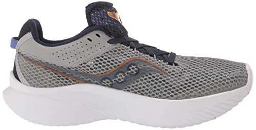 The Saucony Kinvara 14 Running Shoe - Womens features a gray mesh upper, white sole, black laces, PWRRUN foam cushioning, and subtle orange and blue accents on the side and heel.