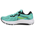 The Saucony Omni 20 Running Shoe - Womens is shown from the side in turquoise with a white sole, black interior, yellow logo and accents, mesh upper, black laces, and offers reliable support and stability for runners.