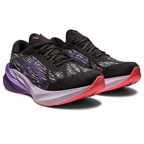 The ASICS Novablast 3 - Womens features a black jacquard mesh upper with purple and gray patterns, thick white soles with purple heels, red toe accents, and FF BLAST PLUS cushioning for added comfort.