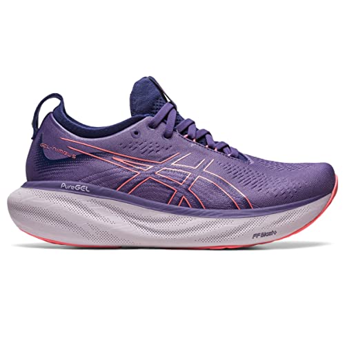 The ASICS Gel Nimbus 25 Womens Shoe features a purple upper, coral accents, thick white sole, and side ASICS logo. Designed for running, it offers laces and lightweight cushioning for comfort.