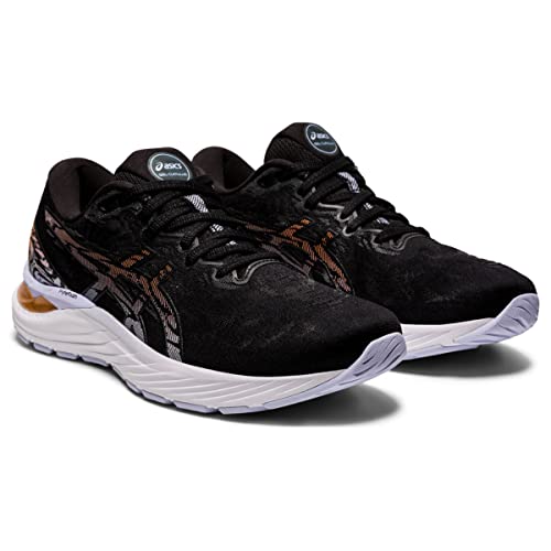 A pair of ASICS Cumulus 23 - Womens black running shoes with white soles, subtle orange and gray accents, lightweight cushioning, and the ASICS logo on the tongue and side.