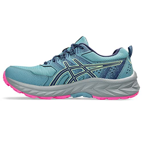 The ASICS Gel Venture 9 - Womens features blue and teal uppers, dark blue accents, a light yellow logo, and a thick sole with bright pink tread—ideal for trail running.