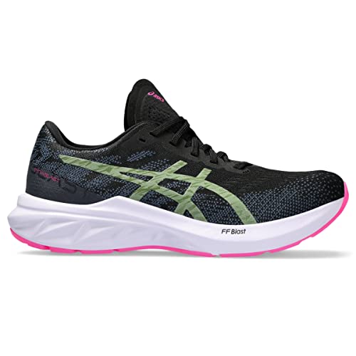 The ASICS Dynablast 3 - Womens features a black upper with subtle patterns, a light green logo, FLYTEFOAM BLAST-cushioned white midsole, and bright pink outsole for a sleek running shoe design.