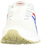 The ASICS GEL-NIMBUS 22 - Mens running shoe in white features blue and red accents, a beige sole, Tokyo on the tongue, and signature GEL technology for comfort, shown from a front view.