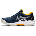 The ASICS Gel-Game 8 - Kids’ is a navy blue athletic shoe with silver and yellow accents, white sole, and yellow lining. It features TRUSSTIC technology, cushioned support, the ASICS logo, and a lace-up design for sports or casual wear.
