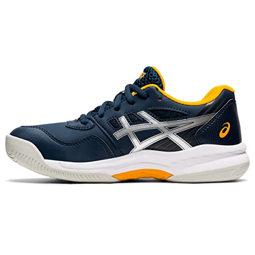 The ASICS Gel-Game 8 - Kids’ is a navy blue athletic shoe with silver and yellow accents, white sole, and yellow lining. It features TRUSSTIC technology, cushioned support, the ASICS logo, and a lace-up design for sports or casual wear.