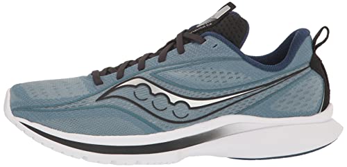 The Saucony Kinvara 13 Running Shoe for men features a blue breathable mesh upper, black laces, white sole, silver and black side detail, and a heel loop—ideal for running shoe enthusiasts.