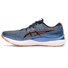 The ASICS Gel Cumulus 24 - Mens is a blue and black running shoe with orange accents, a white and orange sole, ASICS logo on the side, and FF BLAST cushioning for comfort as an everyday trainer.