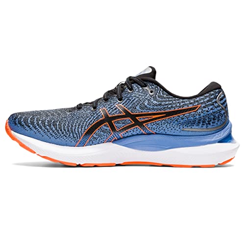 The ASICS Gel Cumulus 24 - Mens is a blue and black running shoe with orange accents, a white and orange sole, ASICS logo on the side, and FF BLAST cushioning for comfort as an everyday trainer.