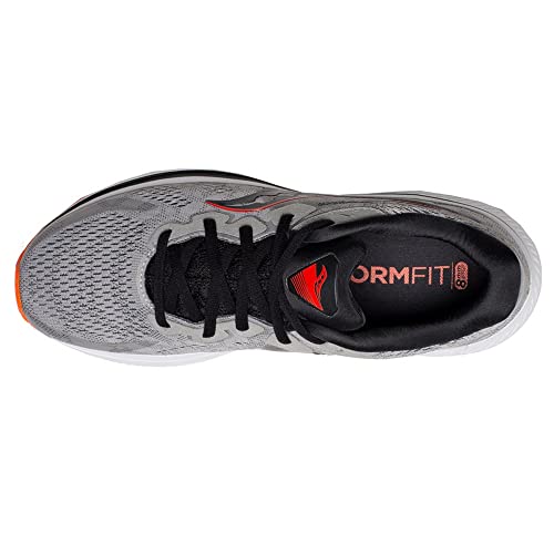 Top view of the Saucony Omni 20 Running Shoe - Mens, featuring black laces, black and red inner lining, FORMFIT insole branding, a mesh upper with an orange toe tip, and PWRRUN cushioning for comfort.