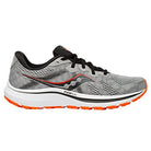 The Saucony Omni 20 Running Shoe for men features a gray mesh upper, black laces, white sole, orange accents, PWRRUN cushioning, and a black and red logo for stability and breathability.