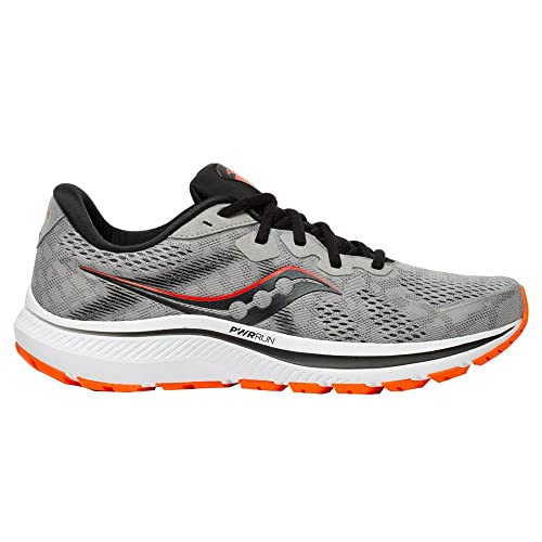 The Saucony Omni 20 Running Shoe for men features a gray mesh upper, black laces, white sole, orange accents, PWRRUN cushioning, and a black and red logo for stability and breathability.