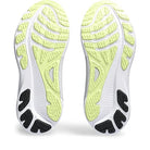 The image shows the soles of ASICS Gel-Kayano 30 - Mens stability running shoes, mainly white with light yellow treads and black grips at the heel and forefoot, designed for traction during distance runs.