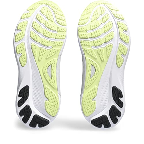 The image shows the soles of ASICS Gel-Kayano 30 - Mens stability running shoes, mainly white with light yellow treads and black grips at the heel and forefoot, designed for traction during distance runs.