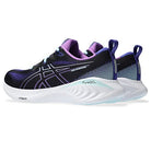 The ASICS Gel-Cumulus 25 - Womens in black and purple features a white thick sole with blue and purple accents, shown from the side on a white background—a perfect choice for your neutral everyday trainer.