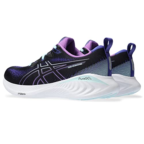 The ASICS Gel-Cumulus 25 - Womens in black and purple features a white thick sole with blue and purple accents, shown from the side on a white background—a perfect choice for your neutral everyday trainer.