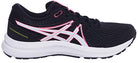 The ASICS GEL-Contend 7 - Womens features a breathable mesh upper, lace-up closure, pink and white accents, and a cushioned white sole for comfort, shown from the side.