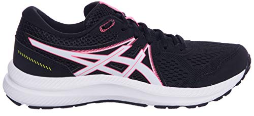 The ASICS GEL-Contend 7 - Womens features a breathable mesh upper, lace-up closure, pink and white accents, and a cushioned white sole for comfort, shown from the side.