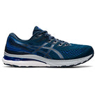 The ASICS Gel Kayano 28 - Mens is a blue and black running shoe with white and silver accents, featuring GEL technology for cushioning and a breathable mesh upper. Ideal for runners seeking stability.
