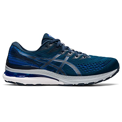 The ASICS Gel Kayano 28 - Mens is a blue and black running shoe with white and silver accents, featuring GEL technology for cushioning and a breathable mesh upper. Ideal for runners seeking stability.