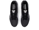 Top view of the ASICS Gel Cumulus 24 - Mens black running shoes with white soles and laces, brand logos on the insoles, and FF BLAST cushioning—an ideal everyday trainer—placed side by side on a white background.