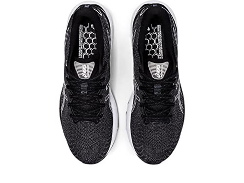 Top view of the ASICS Gel Cumulus 24 - Mens black running shoes with white soles and laces, brand logos on the insoles, and FF BLAST cushioning—an ideal everyday trainer—placed side by side on a white background.